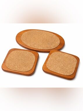 Vintage Milbern Teak Cork Trivet Set 3 Mid Century Taiwan Hot Pads Wood Footed